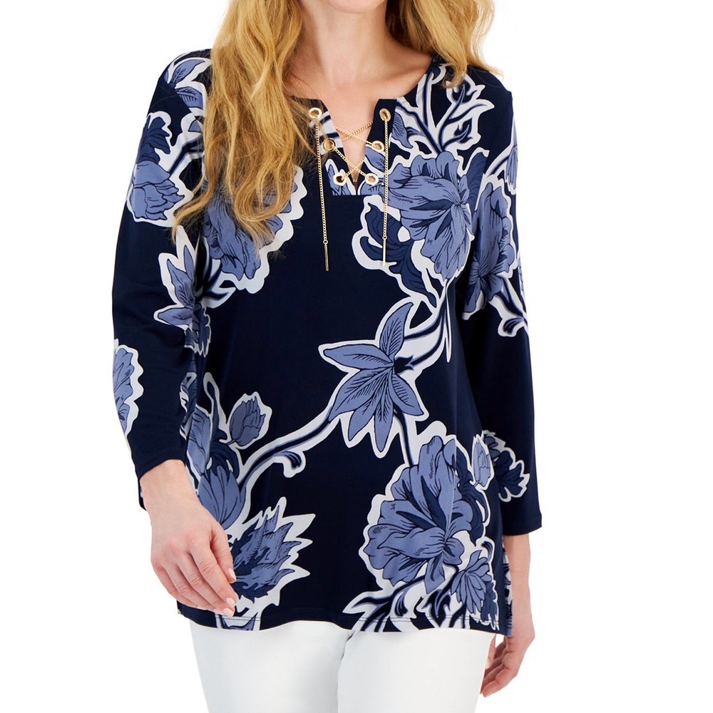 JM COLLECTION Women's 3/4 Sleeve Printed Chain Lace-Up Tunic, BNWT Size L